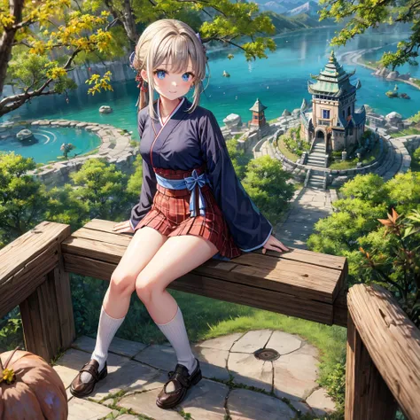 Chestnut Hair、 blue eyes、 with hair tied 、Two cute、 plaid mini skirt、 BLACK T-SHIRT、 Long Sleeve 、kimono、striped high socks、Teeth are visible、lawn、The stone is cracked、Uneven ground、The road is curved、View from above、Large autumn tree、Mountain々、 fence、isol...