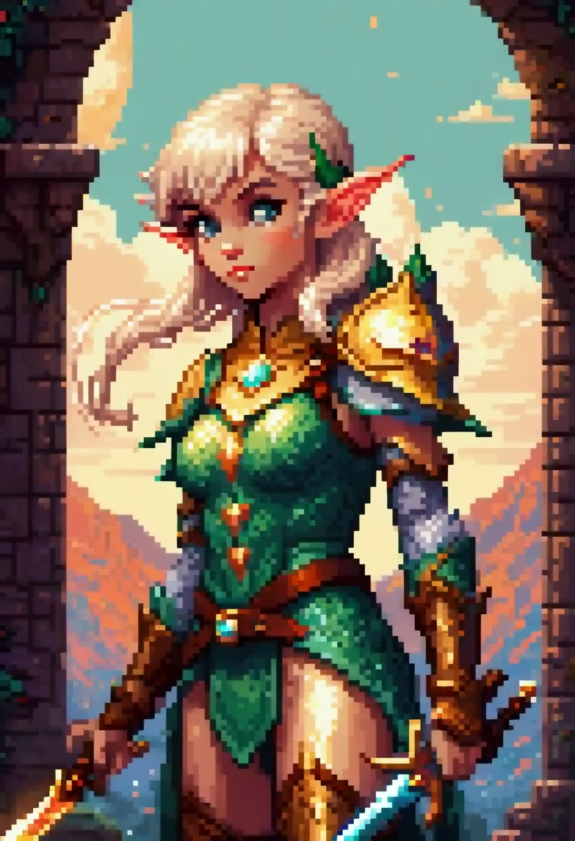 retro pixel art , with 60's colors , An elf, with a light armor, a beautiful body,  and a giant sword