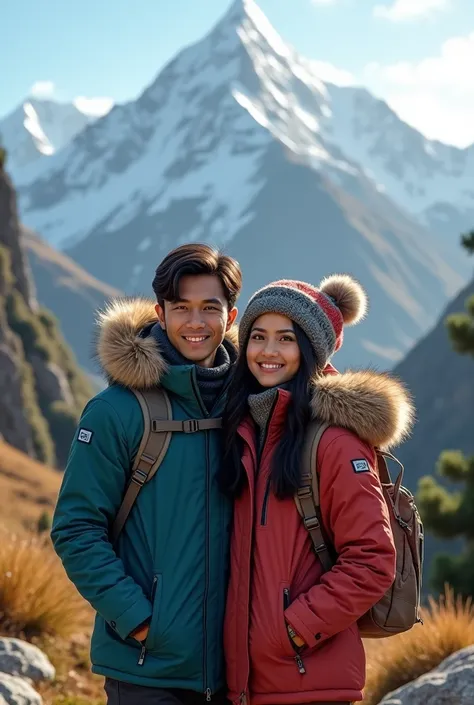 Remaja pria wanita Indonesia. Memakai jaket musim dingin bulu. Background puncak