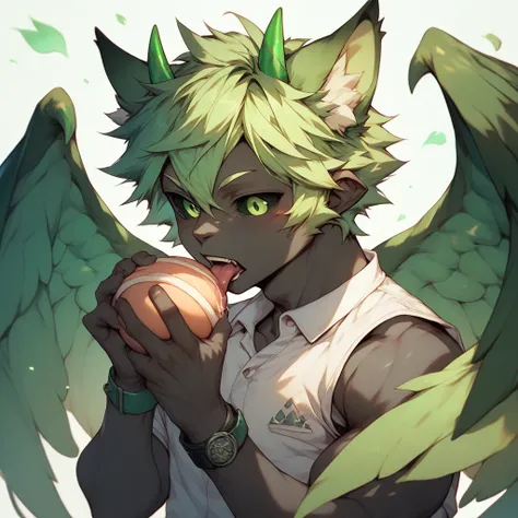 young fox boy,cat ears, chiseled abs, chiseled pecs,black skin,green horns,green wings,black sclera,green pupils,green eyes,green hair,licking his bottoms 

