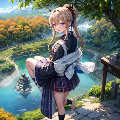 Chestnut Hair、 blue eyes、 with hair tied 、Two cute、 plaid mini skirt、 BLACK T-SHIRT、 Long Sleeve 、kimono、striped high socks、Teeth are visible、lawn、The stone is cracked、Uneven ground、The road is curved、View from above、Large autumn tree、Mountain々、 fence、isol...