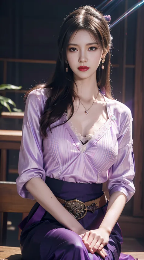 1 beauty in hanfu, thin purple silk shirt, (cleavage), variety of textures, white lace blouse, platinum purple long ponytail, ha...