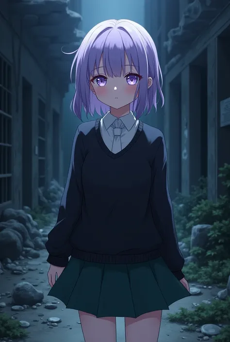  light purple hair , medium hair ,Purple Eyes, pure white skin,Beautiful Boy,Crossdresser,female々Young boy,female性的な男子,Cute boy,Sloping shoulders,Thin chest,Poor Breasts ,female装男子,Beautiful Boy, button-down shirt , and a black sweater,Im wearing a dark gr...