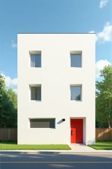 Hyperrealistic 3D render in Disney animation style, modern 5-story white residential building in serene countryside setting, bright sunny day with clear blue sky. Clean minimalist concrete exterior with simple white walls, three 1-meter square windows perf...