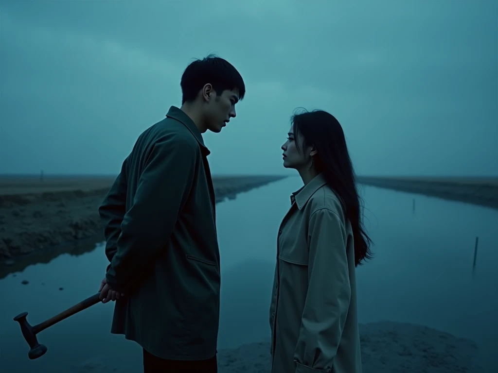 give me a photo, a fierce looking chinese young man holding a hammer behind his back intending to attack a beautiful girl at a deserted dike high quality, light blue, wide angle, night