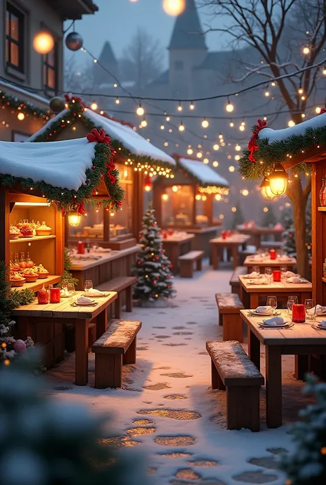 Christmas food stalls with tables for more realistic snowless dining without people