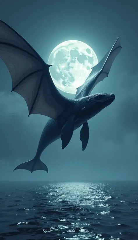 Create a hybrid that combines the massive, graceful body of a whale with the wings and nocturnal traits of a bat. This creature should have a whale’s smooth, streamlined form, but with large, leathery bat wings extending from its sides. Its face has a blen...