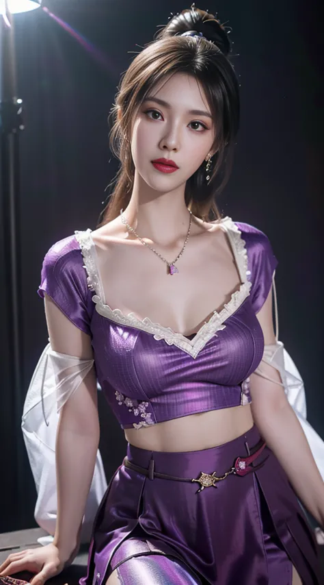 1 Beauty in Hanfu, Thin purple silk shirt, (Cleavage), Variety of textures, White lace blouse, Platinum purple long ponytail, hair accessories, earring, light purple rabbit ears, Necklaces and Necklaces, Carefully drawn big purple eyes, Detailed makeup, th...