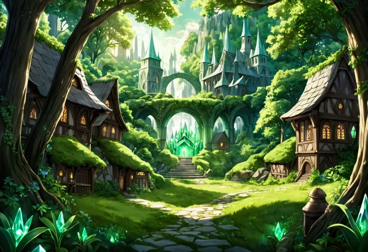 The elven capitals landscape is in the middle of a large forest. There are green crystals. In the heart of the city All the houses were made mainly of wood in the Middle Ages. A green light shot out from the crystal in the middle of the city.
