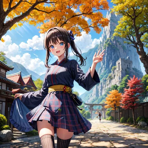 Chestnut Hair、 blue eyes、 with hair tied 、Two cute、 plaid mini skirt、 BLACK T-SHIRT、 Long Sleeve 、kimono、striped high socks、Teeth are visible、lawn、The stone is cracked、Uneven ground、The road is curved、View from above、Large autumn tree、Mountain々、 fence、isol...