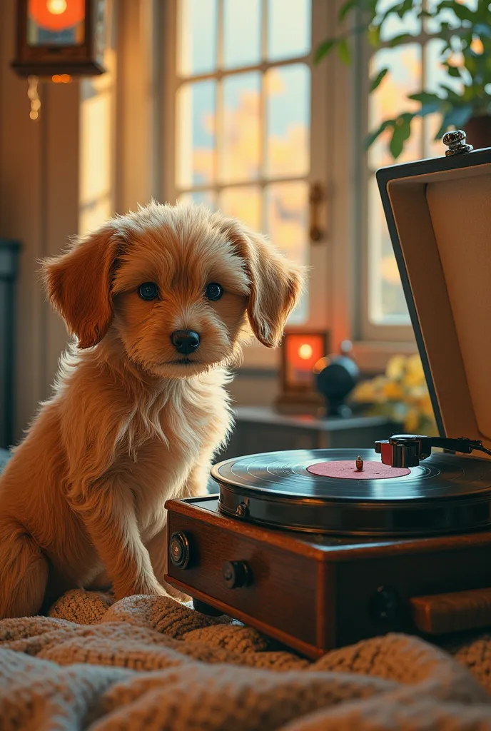 can be seen through the light、prime lenses、 record player in front of a cute puppy、 vintage 、retro、glitch、sound that can be hand...