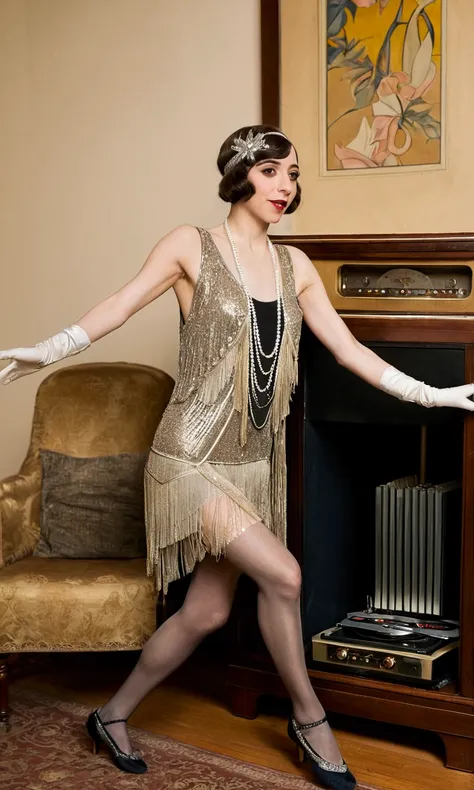 (1920s living room) a gorgeous woman (flapper outfit, Cristin Milioti, age 20, flapper hair, sparkly body jewelry dance shoes, thigh high delicate stockings), practicing the Charleston near her vintage 1920 record player
