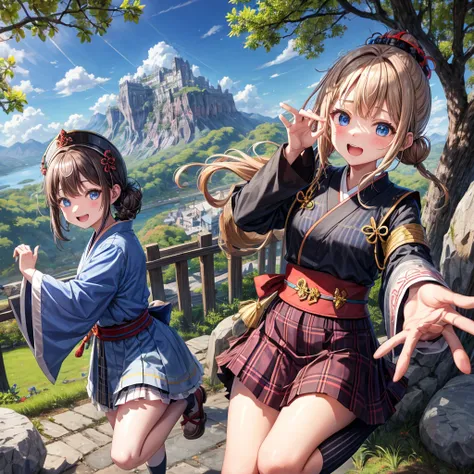 Chestnut Hair、 blue eyes、 with hair tied 、Two cute、 plaid mini skirt、 BLACK T-SHIRT、 Long Sleeve 、kimono、striped high socks、Teeth are visible、lawn、The stone is cracked、Uneven ground、The road is curved、View from above、Large autumn tree、Mountain々、 fence、isol...