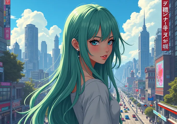 Los santos city gta5
Long Light green hair girl
Anime style
Landscape mode