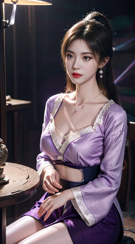 1 beauty in hanfu, thin purple silk shirt, (cleavage), variety of textures, white lace blouse, platinum purple long ponytail, ha...