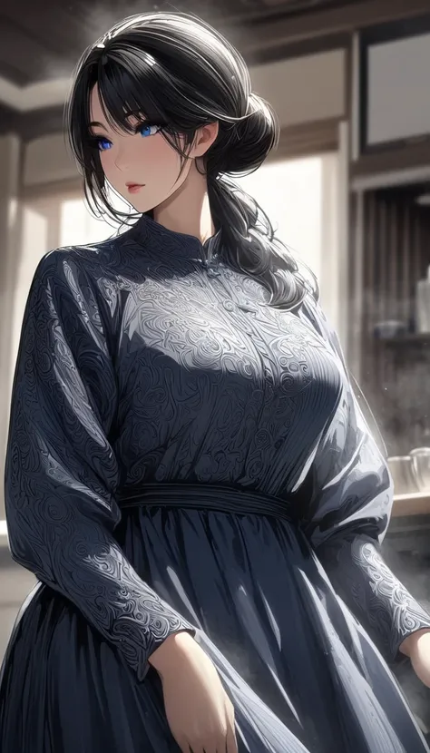 masterpiece, best quality, intricate details, 1girl, woman, mature female, black hair, blue eyes, hair bun, clothes long sleeve, long skirt, apron, female focus, ((close up shot)) ((solo)) detailed, very high resolution, no blurry image, cowboy shot, indoo...