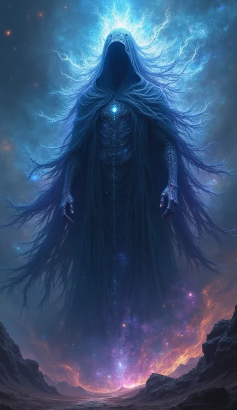 romanticism close-up of the colossal beautiful (((cosmic))) nebula elemental grim reaper made of electric stars and galaxies and cosmic energy. ethereal mane. iridescent textures. deep nebula blue earthy colors. intricate glowing light dust motifs. highly ...