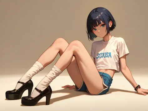 score_9, score_8_up, score_7_up, Anatomically Correct, 1 girl, short hair with bangs, (flat chest), (skinny body) , cropped t-shirt , shorts,  knee-high socks, black high heels,, sitting on the floor
