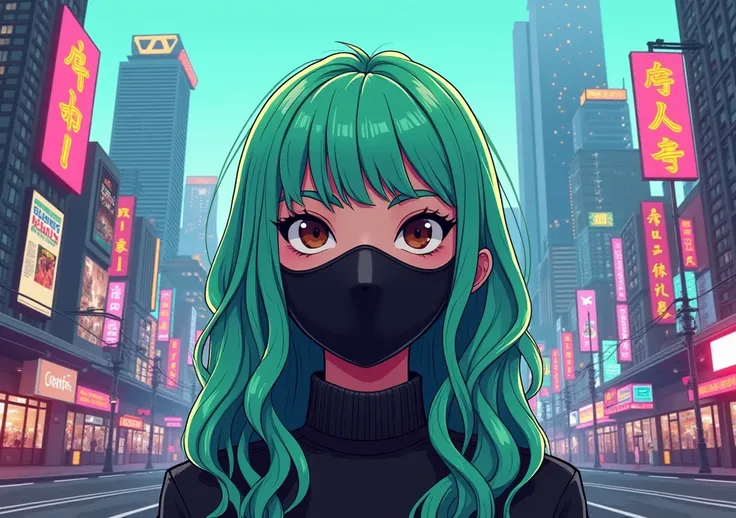 Los santos city gta5
Long Light green hair girl with black mask
Cartoon style
Landscape mode