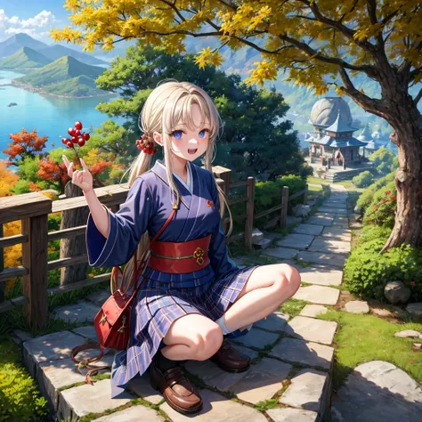 Chestnut Hair、 blue eyes、 with hair tied 、Two cute、 plaid mini skirt、 BLACK T-SHIRT、 Long Sleeve 、kimono、striped high socks、Teeth are visible、lawn、The stone is cracked、Uneven ground、The road is curved、View from above、Large autumn tree、Mountain々、 fence、isol...