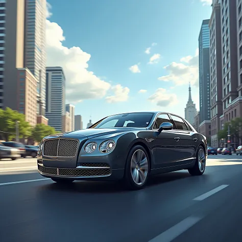 A 2014 Bentley Flying Spur car in light deep gray color driving on a downtown city road in the mid-10s, on the blue sky beautiful realistic clouds