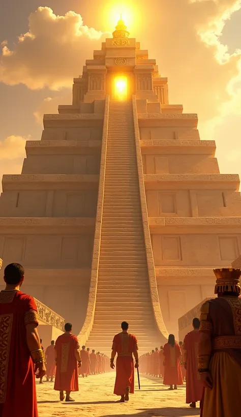 "The grand ziggurat Etemenanki towers over Babylon, its steps leading up to a gleaming golden shrine dedicated to Marduk. Priests in ceremonial robes carry offerings up the steps while the king bows in reverence. The scene is bathed in warm sunlight, empha...