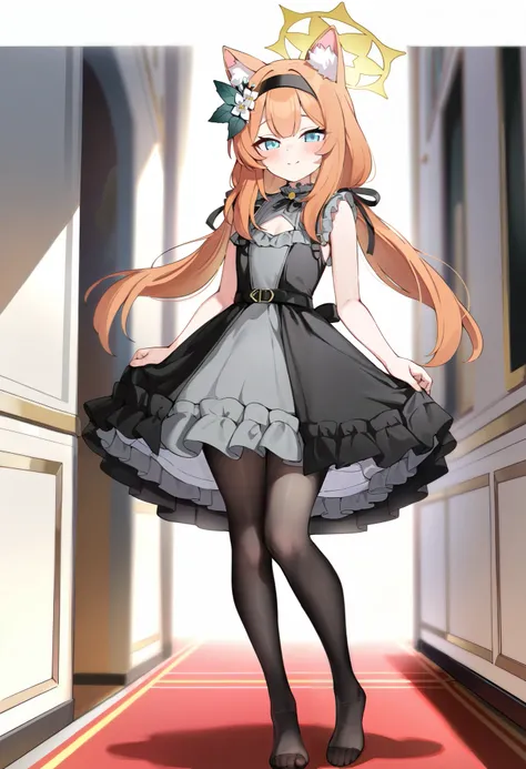 masterpiece,best quality,very aesthetic,newest,absurdres,1girl,no shoes,full body,cat ears,black dress,frilled dress,frilled shirt,frills,halo,idol clothes,low twintails,mini hat,black pantyhose,grey shirt,grey skirt,sleeveless dress,cleavage,black hairban...