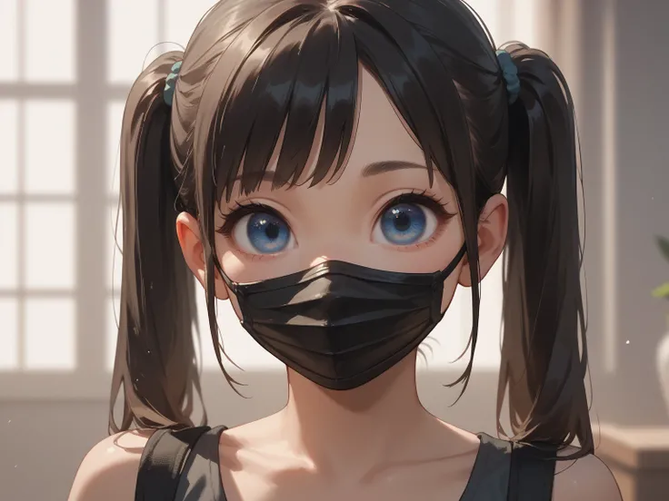 Wear a black mask，Twin ponytails， big eyes，Blue eyes，Sexy，Asian Face Shape，HD，avatar