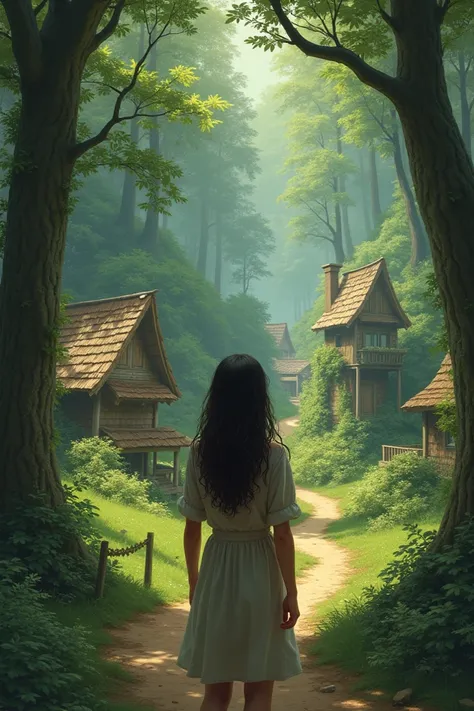 Raise a young woman feeling confused in a village in the middle of the forest 