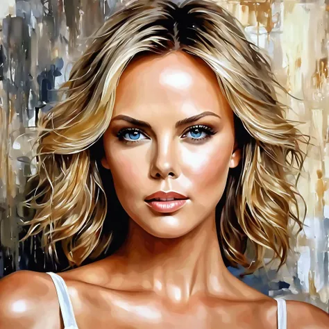 a woman who looks like a cross between Charlize Theron and Tyra Banks and Jaclyn Smith, 18 years old, perfect face, perfect body, bedroom, art style acrylic abstract painting

