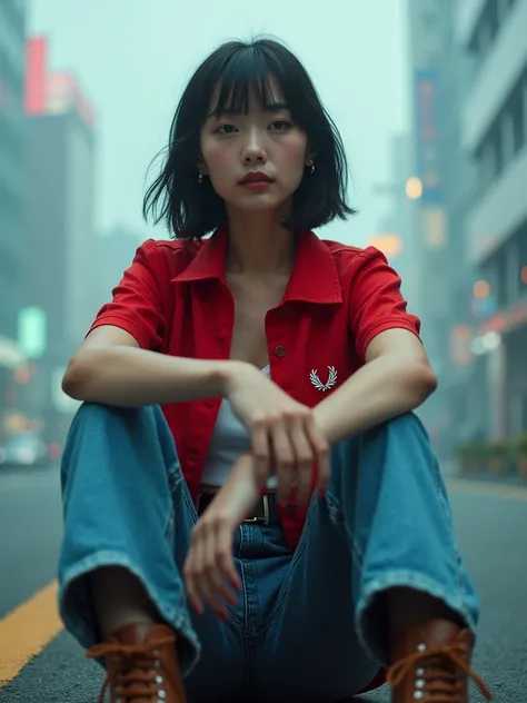 from below, Japanese woman, pretty face, bob hair, background blur, background is future road, motion blur, chromatic aberration, knee high, upward glance, motion blur, Photo_Curly, real, red Fredperry polo shirt, white tank top,  denim pants, Dr.Martin bo...