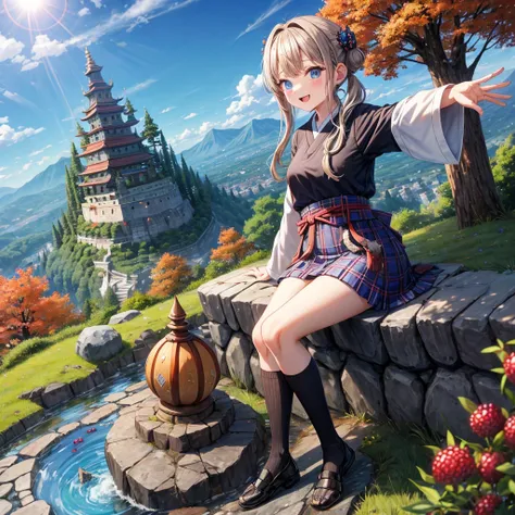 Chestnut Hair、 blue eyes、 with hair tied 、Two cute、 plaid mini skirt、 BLACK T-SHIRT、 Long Sleeve 、kimono、striped high socks、Teeth are visible、lawn、The stone is cracked、Uneven ground、The road is curved、View from above、Large autumn tree、Mountain々、 fence、isol...