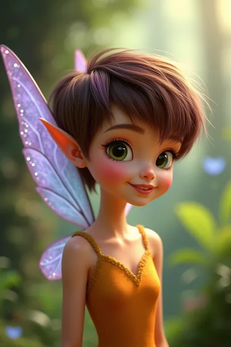 Tinkerbell fairy, female, short pixie cut hair that is brown with purple ombré in fringe, animal fairy, orange top, Disney.