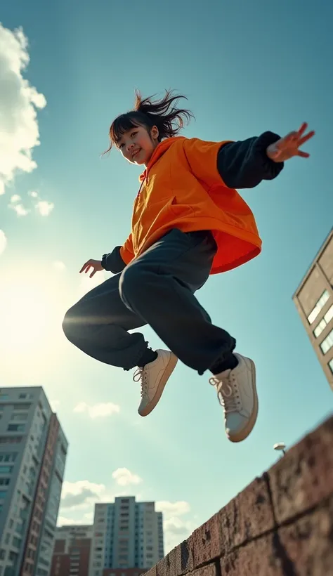 **Parkour Masterpiece: Urban Action Scene**

Imagine a stunning 16K wallpaper featuring a dynamic scene of a talented Japanese girl performing parkour on a rooftop. The early morning light enhances the vibrant urban environment, creating a breathtaking set...