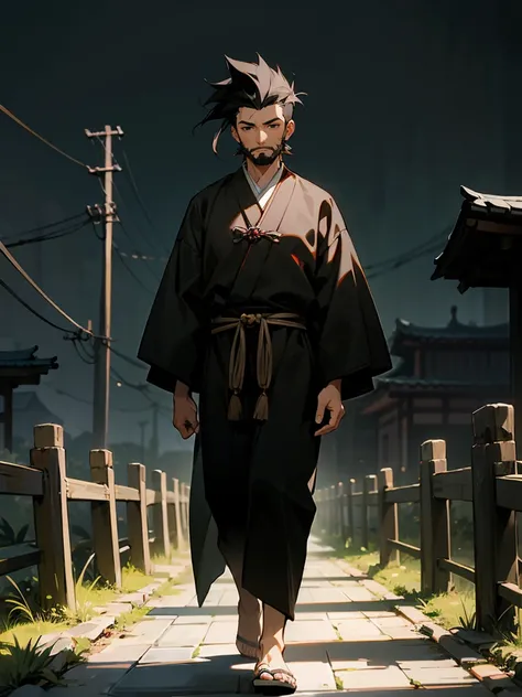 1male , Adult,Stubble Beard, Brown Skin, Black Hair ,Modern Undercut Hair, Medium Length Shaggy Messy Spiked Hair, Calm Expression, Black Eyes , Black and White Haori  , Yukata, Skull Pendant on clothing , Modern Village Background , Standing on path, Perf...