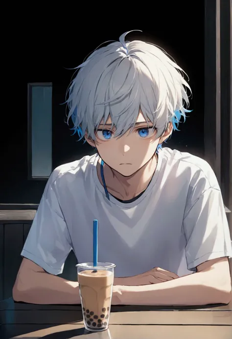 ,Young man ,Milk tea short hair , Blue Eyes  ,White shirt,  looks straight ahead , looks sad, sad 