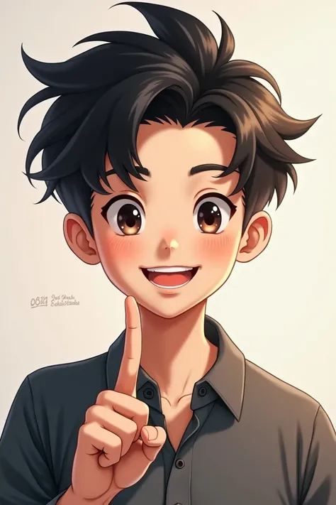 (photorealism) a handsome teenage boy, black hair, a sweet smile, neatly dressed, and a hand pointing to the number one.