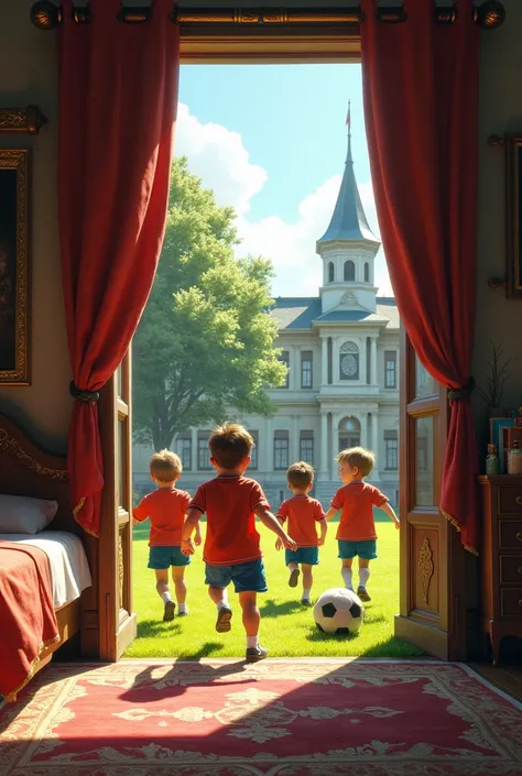 Create me a picture of boys and girls in the bedroom of ESO who are playing soccer in a school yard