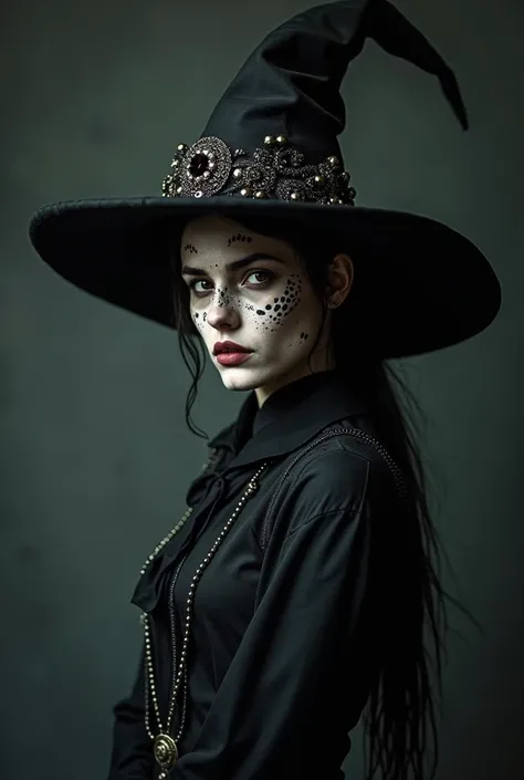 a woman with vitiligo on skin with witch hat