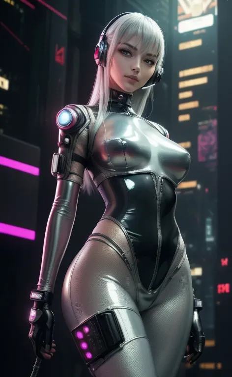 18 years old, ((top-quality)), ((​masterpiece)), ( high detail:1.3),  beautiful face ( Cyberpunk :1.3), ((( stylish woman in silver bondage rubber suit))), ( headset with microphone ), Silver Zipper,  big full breasts,  Slim Waist ,  big butt , (North Amer...