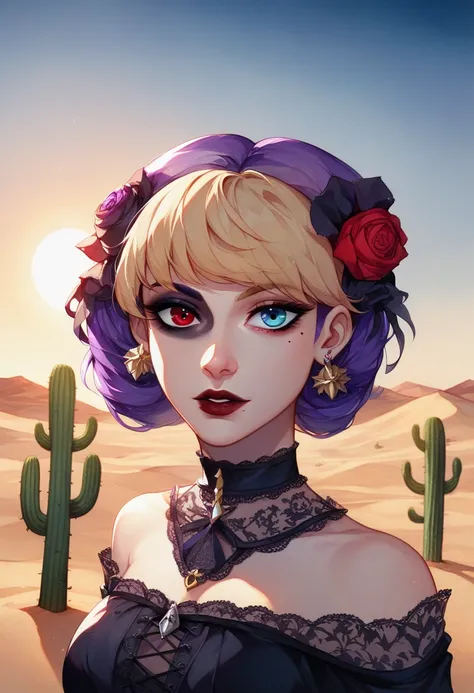 ((desert, sand, dunes, refraction effect, sun)), (masterpiece, best quality), (1girl), (solo), ((portrait)), perfect face, ((heterochromia, blonde and purple hair, ((red long parka)), gothic unnecessary belts everywhere, mole below eye)), the background is...