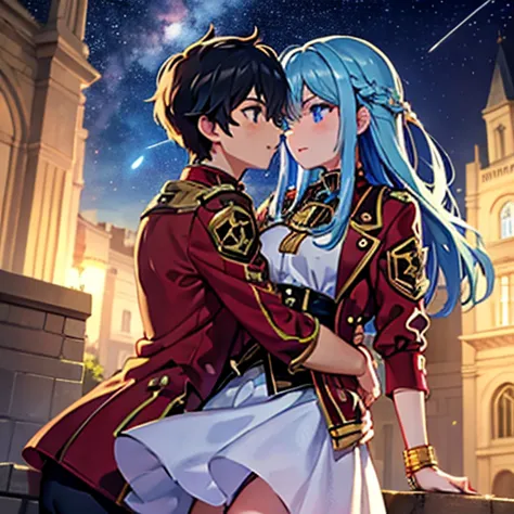 A girl with blue eyes and light blue hair, red blouse with gold plates on her body, pink panties, a gold bracelet and white skirt affectionately kissing a boy with short black hair on the lips, ojos marrones, lentes, red jacket with a night castle behind t...