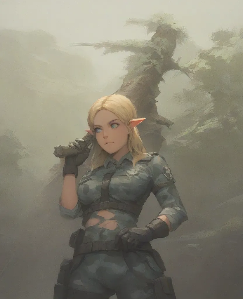 a beautiful ranger elf females, hunting her enemy, wearing ranger outfit, camouflage clothing, hiding in a shady bush, very musc...