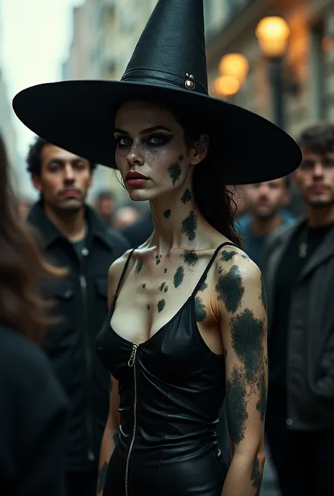 a woman with vitiligo on skin with witch hat while people are pointing to her