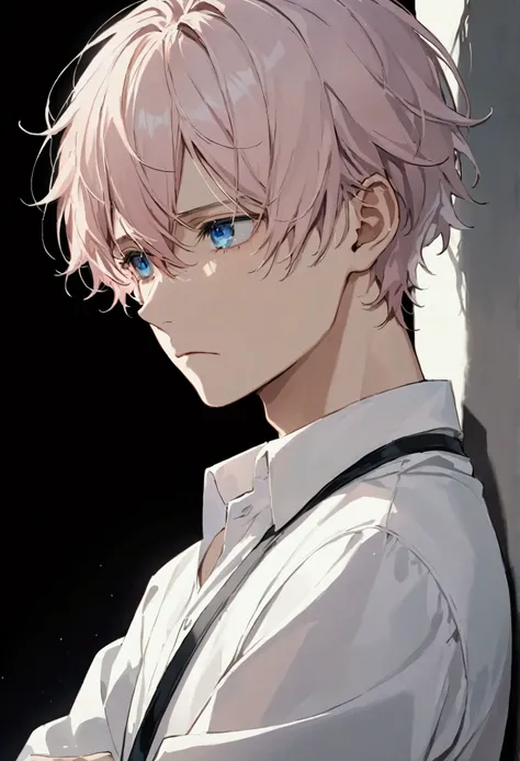 ,Young man ,Short pale pink hair, Blue Eyes  ,White shirt,  looks straight ahead , looks sad, sad 