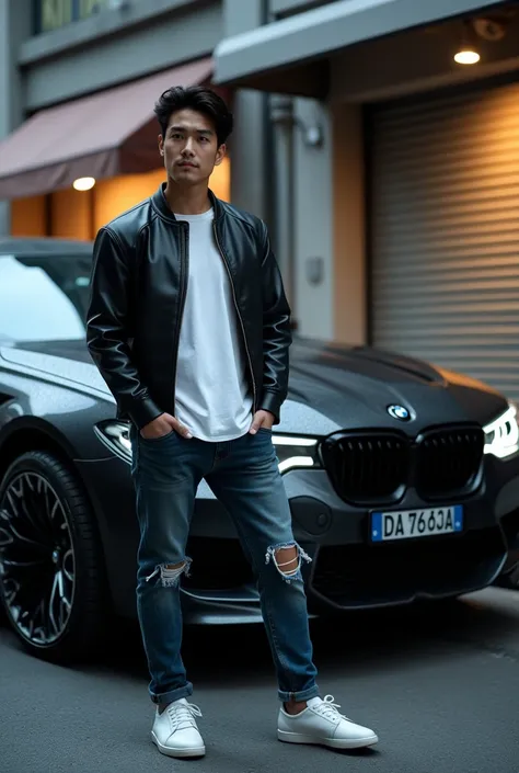 stunning photograph of handsome korean man wearing white tshirt and black leather jacket ,wearing long denim ripped on knees wearing leather White shoes   standing near BMW Black  kitt, big tire fpr offroad ,wheel full chrome, park on the side street front...