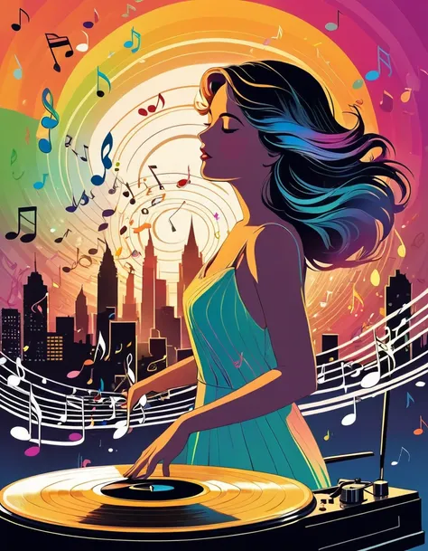 Vintage Record Player, Inside the room, Illustration of a Vintage record player in a room with a city view, (effect of Musical staves and notes appear flowing on the screen, colorful music notes and staves, Vector illustration). beautiful detailed girl, ey...