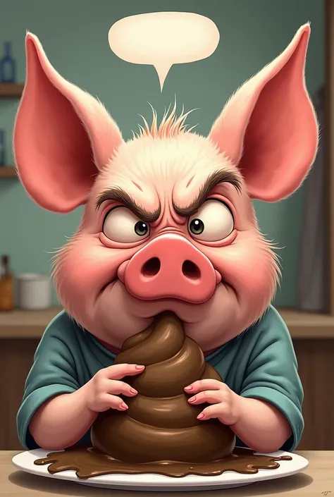 Image: Close-up of the second pig, looking annoyed while holding a piece of poop near its mouth.
Details: A speech bubble says, "Hey, don’t talk about poop while we’re eating!"