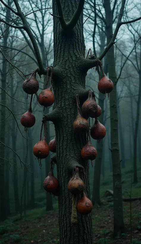 Many rotten s hang on the nooses on the scary trees. Creepy aura, horror, sinister, eerie, ghoatly being. Dark dystopian, wide lenses, depth of fields. 
