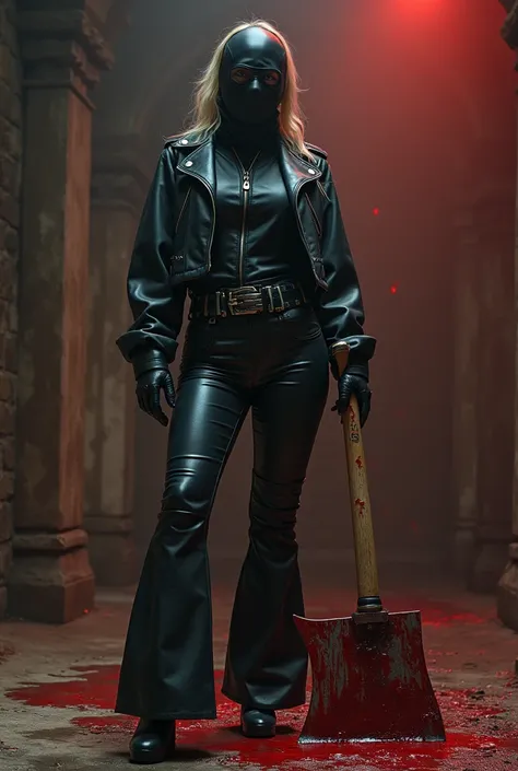 curvy leather balaclava masked female wear long huge bell bottoms wide belt short biker jacket high platform heels hold large bloody axe stands aside to the lying bloody female victim on the axe block in the dungeon